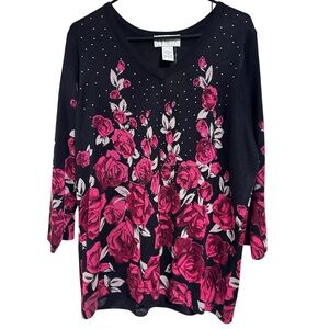 C.D. Daniels Floral Rhinestone Sweater 1X Black Pink Red Roses Sparkle NWT